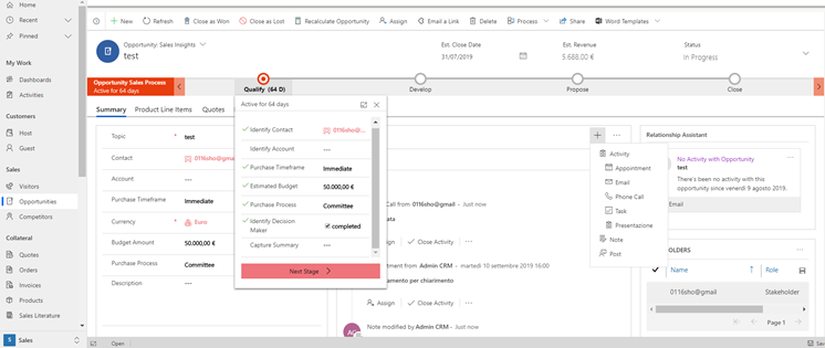 Nuovo processo aziendale con Dynamics 365